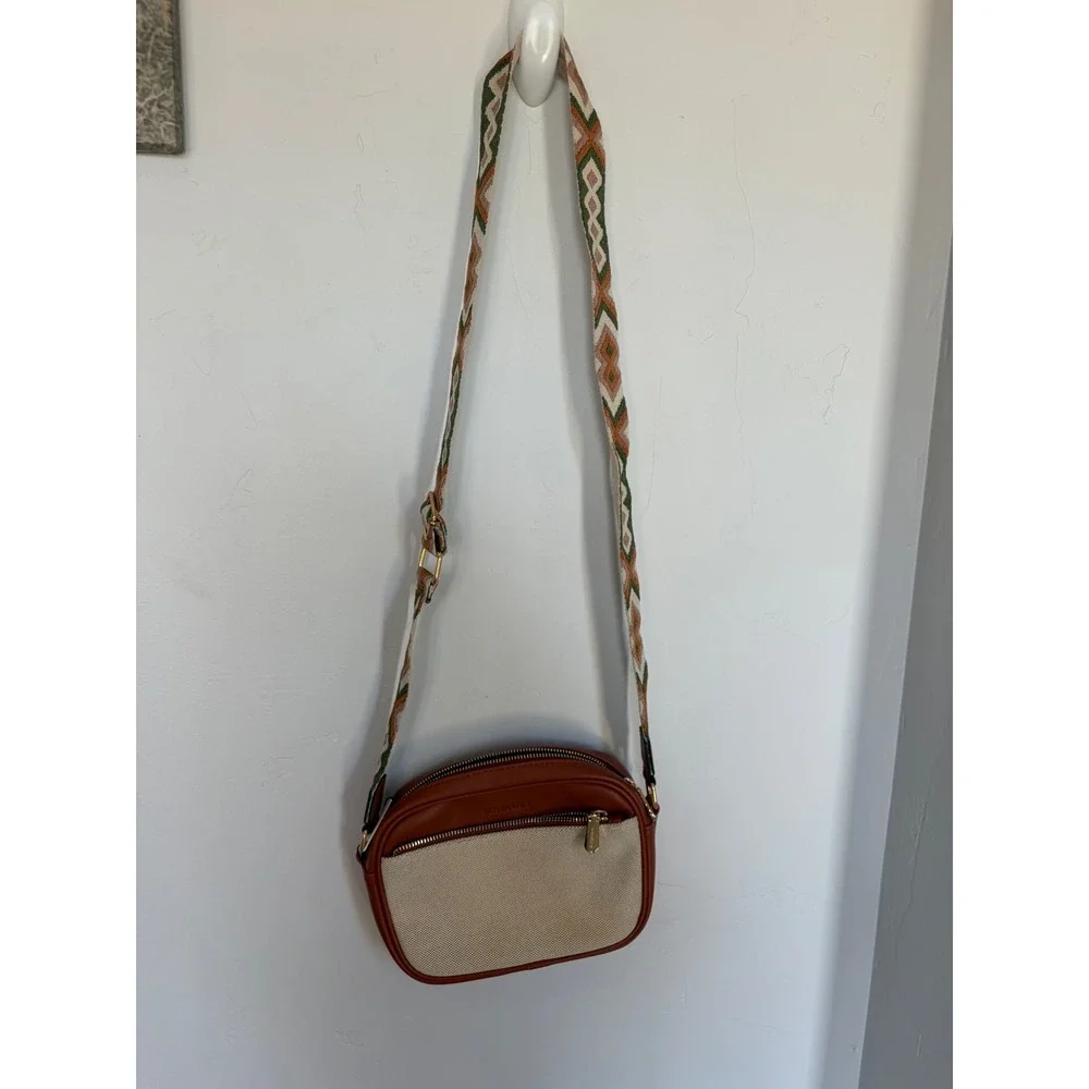 Bostanten Brown Vegan Leather Canvas Crossbody Bag Geometric Guitar Strap Boho